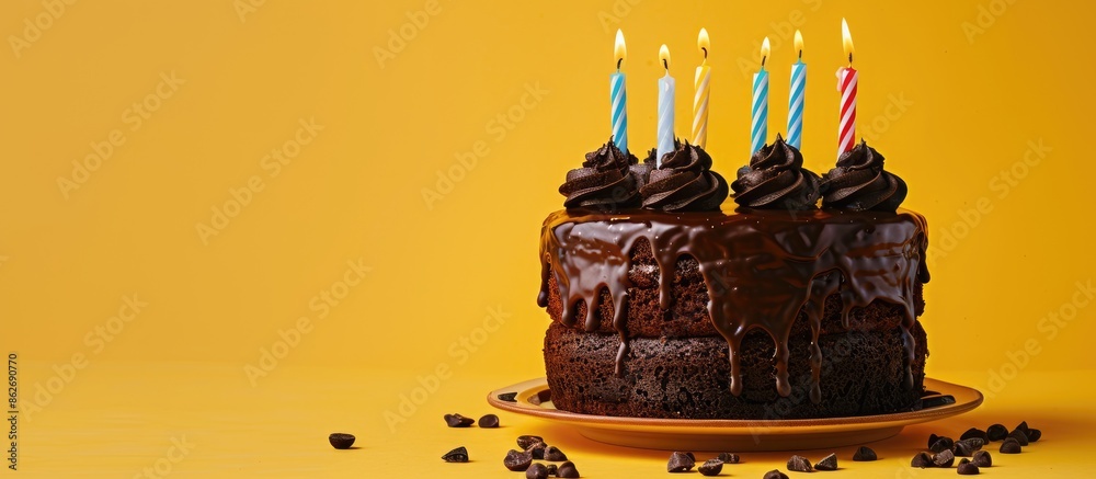 Aufkleber chocolate cake with candles and cream on a yellow background, with room for text, image included. co