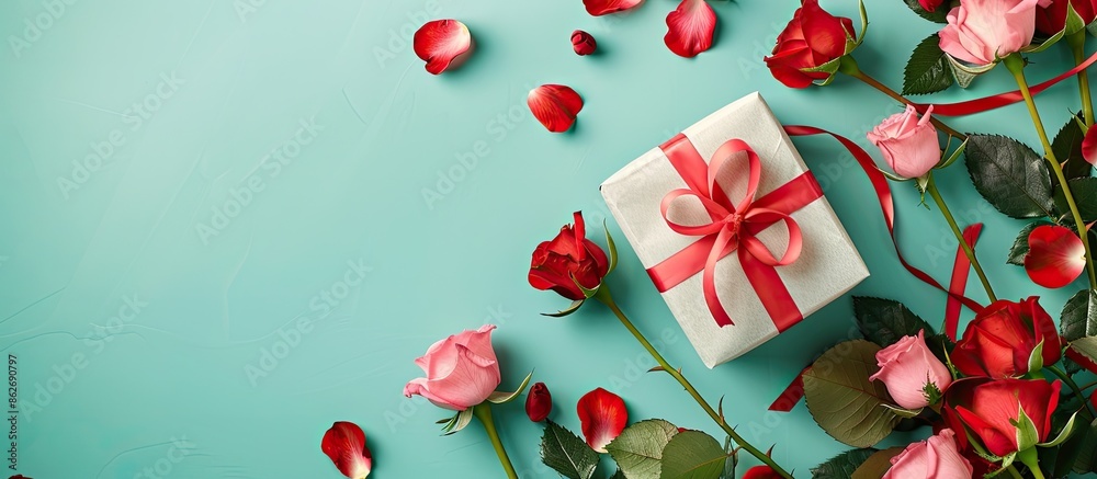 Poster top view of roses and gift box on a colored background with copy space image.