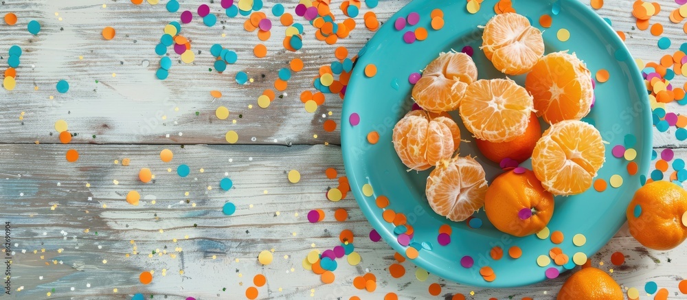 Poster A close-up shot features a plate of tangerines and colorful confetti on a white wooden surface, with ample copy space image for the after-party scene.