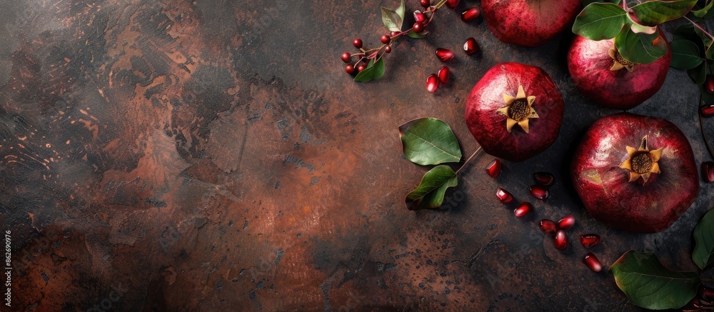 Poster Top view of churchkhelas and pomegranate on a textured table with copy space image available.