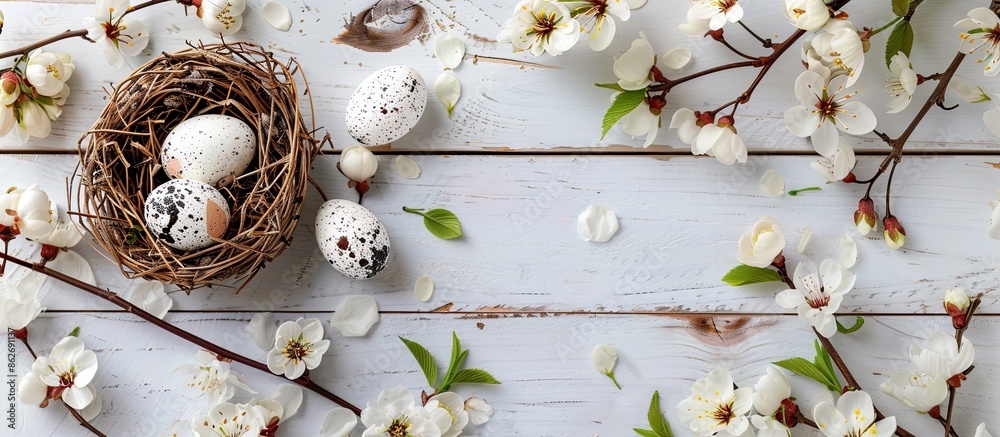 Poster easter egg displayed in a rustic nest surrounded by spring blossoms on a white wooden backdrop with 