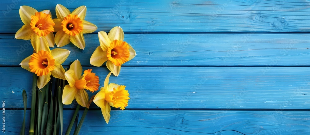 Poster Top down view of lovely daffodils arranged on a blue wooden surface with room for text in the image. Copy space image. Place for adding text and design