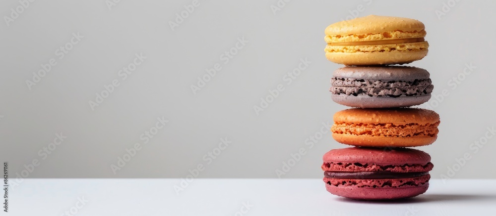 Poster three colorful macarons stacked on top of each other against a white backdrop with room for addition