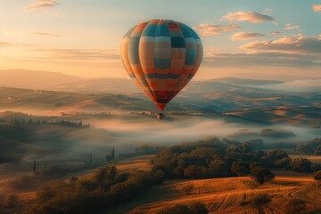 Obraz premium A majestic hot air balloon floating over a picturesque landscape of rolling hills and fields at dawn. 