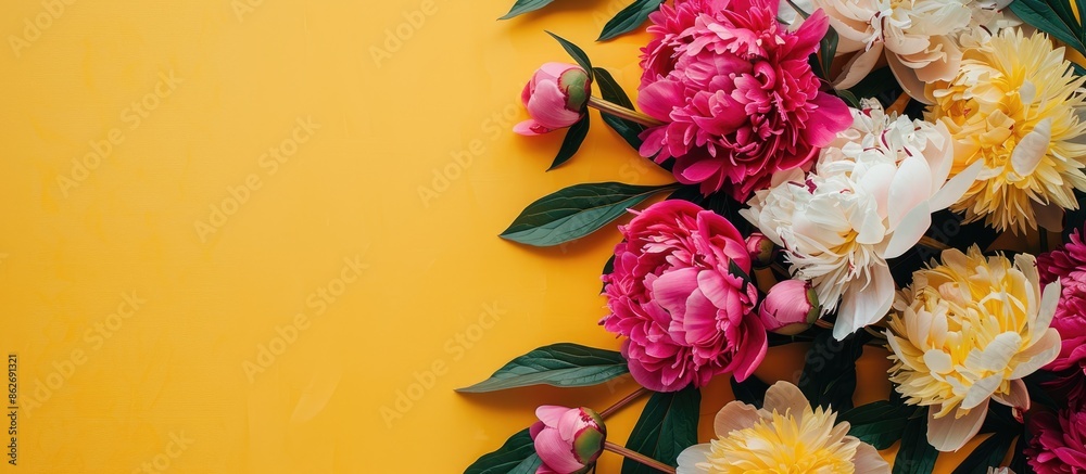 Poster overhead shot of peony flowers displayed against a yellow backdrop with room for text or graphics, c