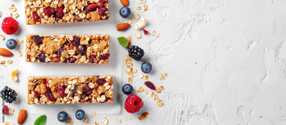Poster top view copy space image of four cereal granola bars with nuts and fruit berries on a white stone t