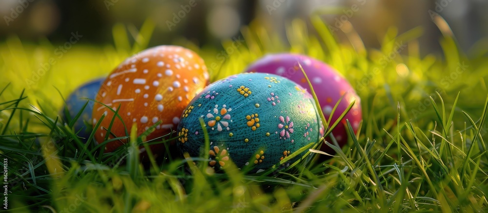 Poster Easter eggs are colorful, decorated eggs symbolizing Easter. Copy space image. Place for adding text and design