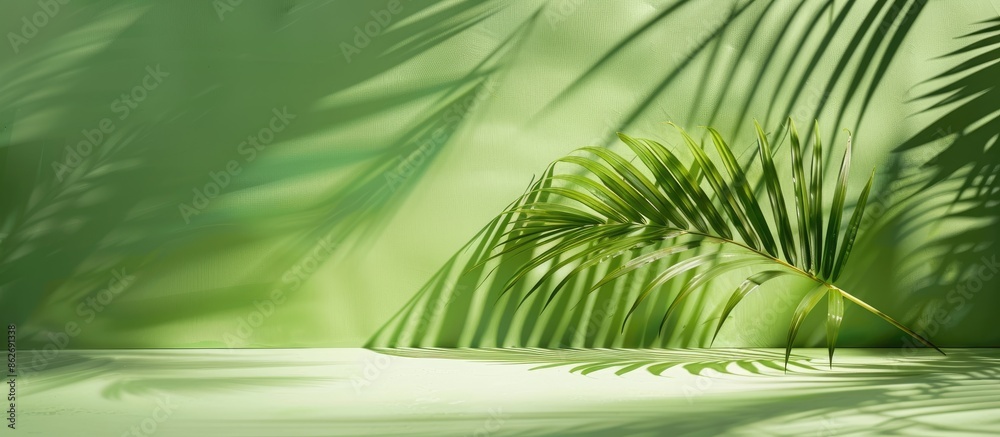 Poster Easter and Palm Sunday concept displayed on a green backdrop with a palm leaf casting a shadow, providing copy space image.