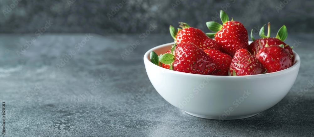 Poster a fresh strawberry displayed in a white bowl on a table with copy space image.