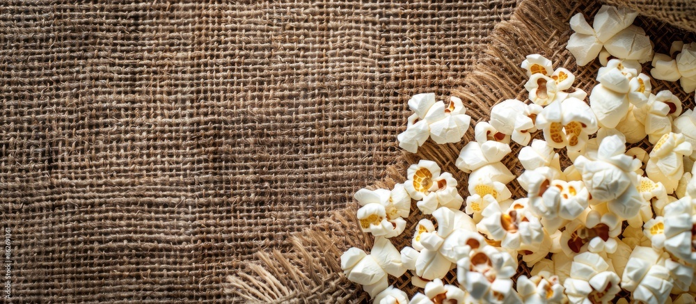 Fototapete Close-up image of popcorn on burlap with space for text. Copy space image. Place for adding text and design