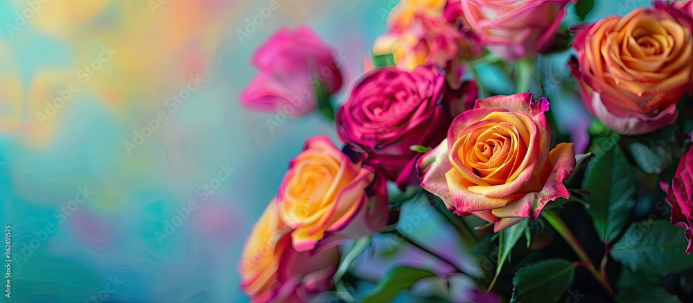 Poster Roses in vibrant hues on colorful backdrop with copy space image.