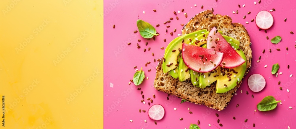 Poster top view of colorful toast with watermelon radish, avocado, and flax seeds on a vibrant background, 