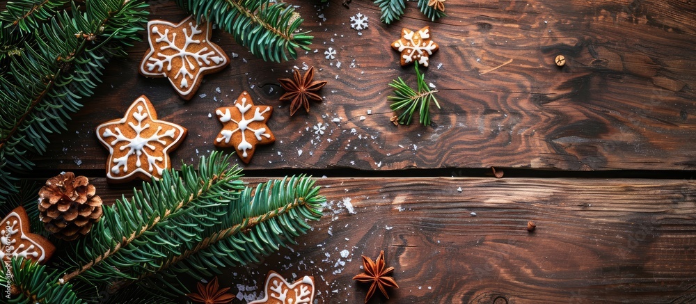 Aufkleber Top-down view of a Christmas card showcasing gingerbread cookies and a decorated fir tree, ideal for adding text or other elements to the image. Copy space image. Place for adding text and design