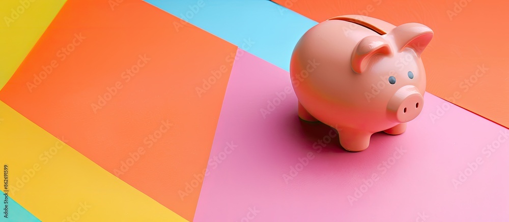 Aufkleber Piggy bank on a colorful background with copy space image.