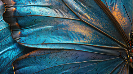 Detail of morpho butterfly wing. Wings of a blue butterfly texture background