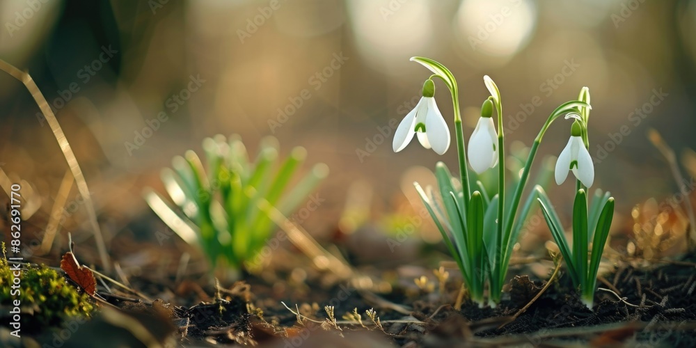 Poster a close up of three white flowers with green stems. the flowers are in a field of brown dirt