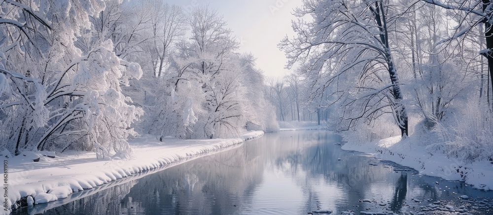 Poster a winter landscape with snow-covered trees along a river with copy space image.