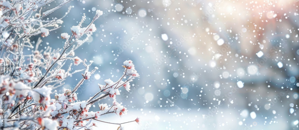 Aufkleber the snowy background with branches on the ground offers a copy space image.