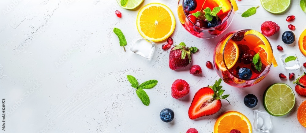 Poster sangria with fresh fruit slices on a white backdrop, ideal for a copy space image.