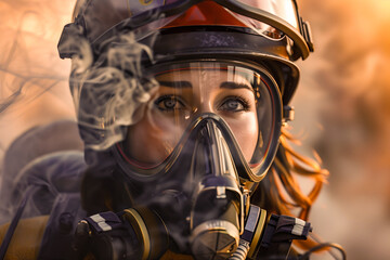 Firefighter woman wearing respirator amidst smoke