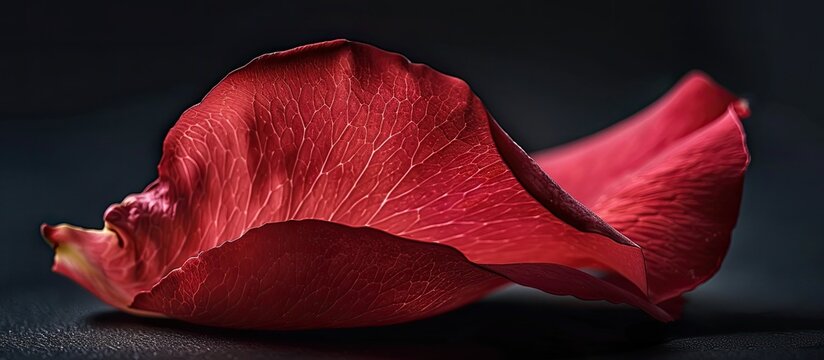 Macro isolated red rose petal on a black background in a still life close-up with detailed texture, highlighting a single blossom with a front view, providing copy space image.