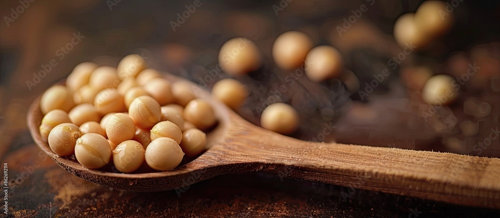 Poster Close-up view of soy in a wooden spoon with ample copy space image.