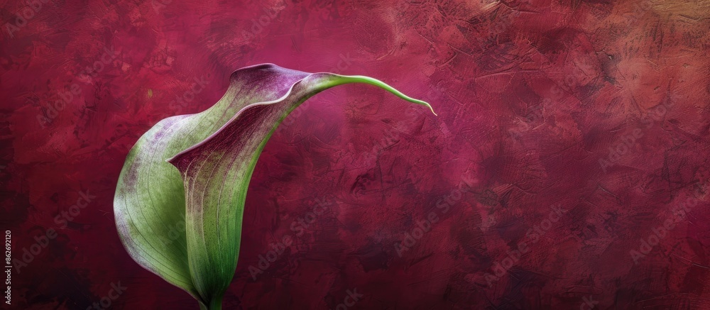 Poster a single detailed textured pastel green and violet calla flower against a dark red background create