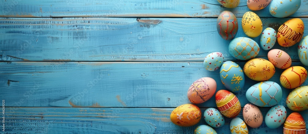 Poster top view of easter eggs displayed on a blue wooden surface, with ample copy space in the image.