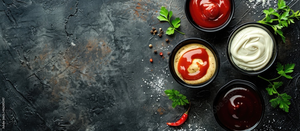 Aufkleber various sauces such as ketchup, mayonnaise, and barbecue displayed on a dark stone concrete backdrop