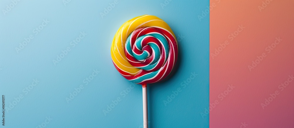 Poster Minimalistic concept with a colorful lollipop in a flat lay composition, offering abundant copy space for images.