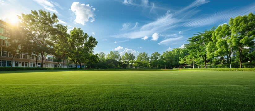 University campus football field with a lush green lawn, ideal for games or events, with ample copy space image for a picturesque scene.