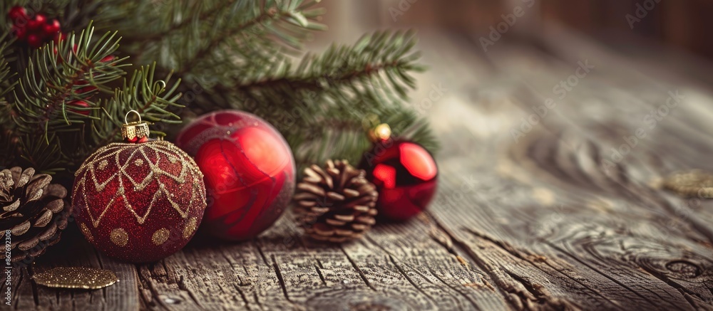 Poster Vintage retro style Christmas decorations displayed on a rustic wood background with empty space for text or copy space image.