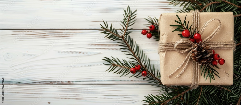 Aufkleber Flat lay of a festive gift decorated with green Christmas tree branches and red berries on a white wooden background, with space for text or images. Copy space image. Place for adding text and design