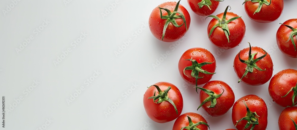 Poster organic tomatoes arranged on a white background with copy space image.