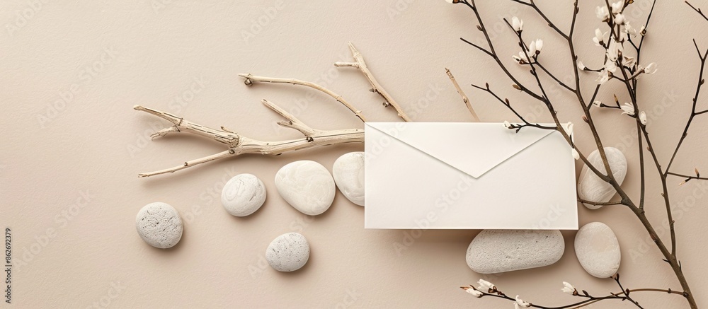 Poster Banner photo featuring a branding mockup template adorned with natural elements like a dry tree branch, white stones, and an envelope, creating a trendy design with plenty of copy space image in the