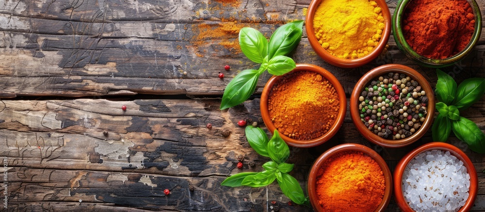 Poster colorful spices like basil, pepper, saffron, salt, paprika, and turmeric arranged in small bowls on 