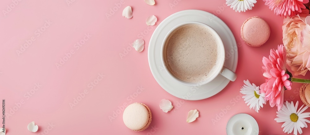 Poster minimal style flat lay image featuring a coffee cup, flowers, candle, macaroons on a pink background
