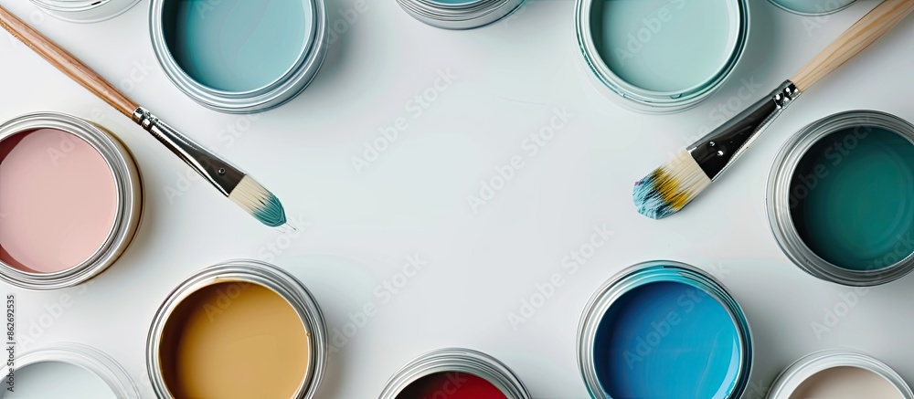 Aufkleber Overhead view of various paint cans and brush on a white backdrop with space for text or design, also known as a copy space image.