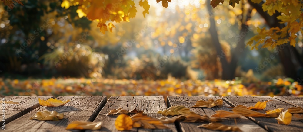 Wall mural A conceptual photo with a wooden table showcasing yellow tree leaves, symbolizing the changing season to autumn, with selective focus and copy space image. - Wall murals