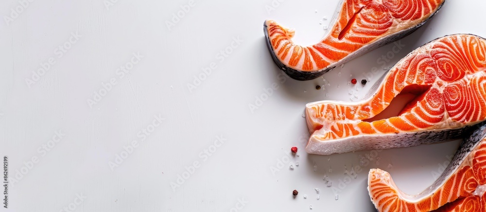 Poster sliced salmon steaks on a plain white backdrop, ready for cooking with copy space image.