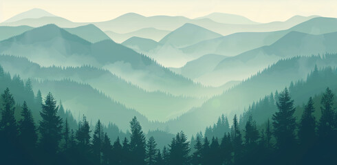 Obraz premium illustration of panoramic green forest mountain landscape background.