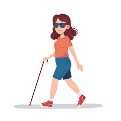 Blind invalid woman with a cane and sunglasses walking down the street. Visual disability; eye disease.