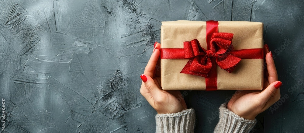 Aufkleber female hands holding a simple gift box wrapped in craft paper with a red satin bow, against a grey b