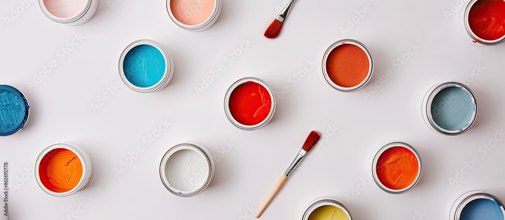 Aufkleber Overhead view of various paint cans and brush on a white backdrop with space for text or design, also known as a copy space image.