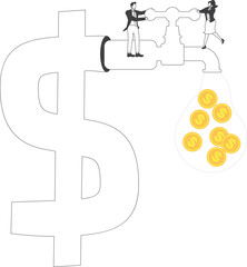 Turning on the tap Recycling symbol, Business people turning on or turning off the tap with a drop of dollar sign currency