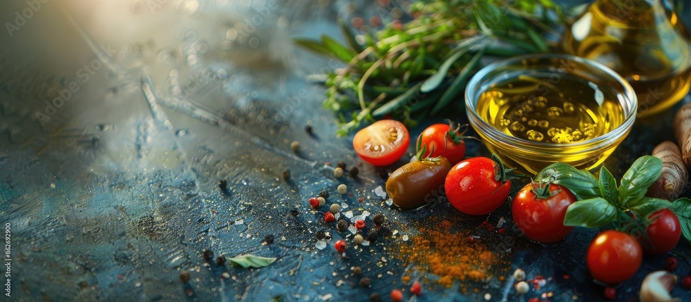 Poster on the table sits a fresh bowl of olive oil accompanied by vegetables and spices, creating a lovely 