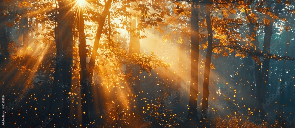 Aufkleber Afternoon sunbeams shining through trees, creating autumn vibes in a captivating copy space image.
