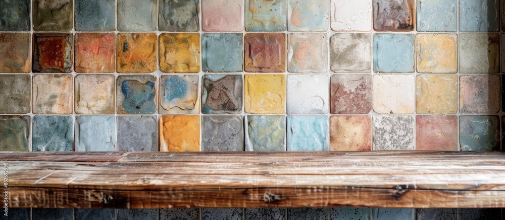Aufkleber An empty wooden table presents a versatile display area against a vintage tile backdrop, ideal for showcasing products with ample copy space image.