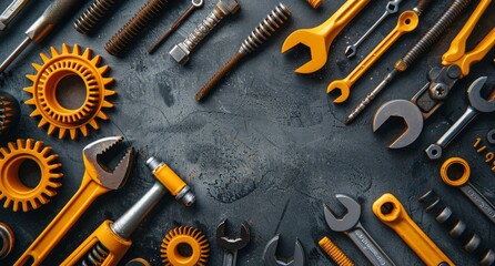 Fototapeta premium Yellow And Black Tools On A Dark Surface