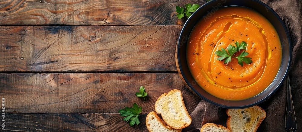 Poster Top view image featuring dietary carrot puree soup with toast bread, with a free copy space.